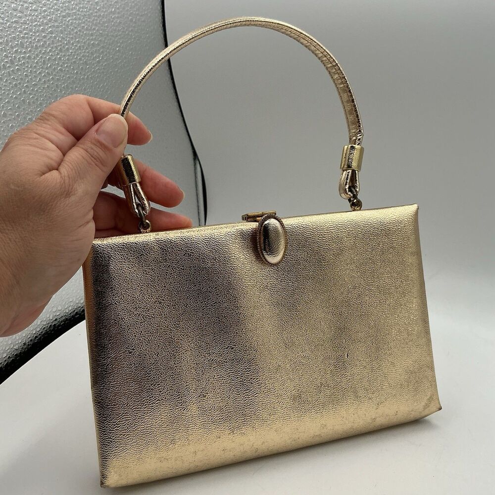 Vintage Gold Metallic Evening Bag Clutch Purse Kiss Lock Top Handle